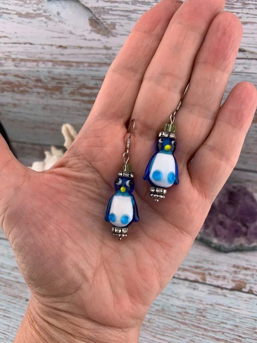 Blue Penguin Lamp work Bead Handmade Handcrafted Earrings LR169